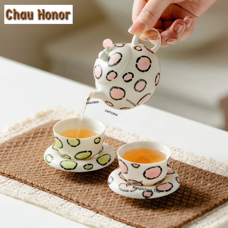 ZAEYORIA 100ml Hand Painted Pink Leopard Teapot Aesthetic Tea Infuser Pot Tea Maker Kettle With Ball Hole Tea Services Ornaments