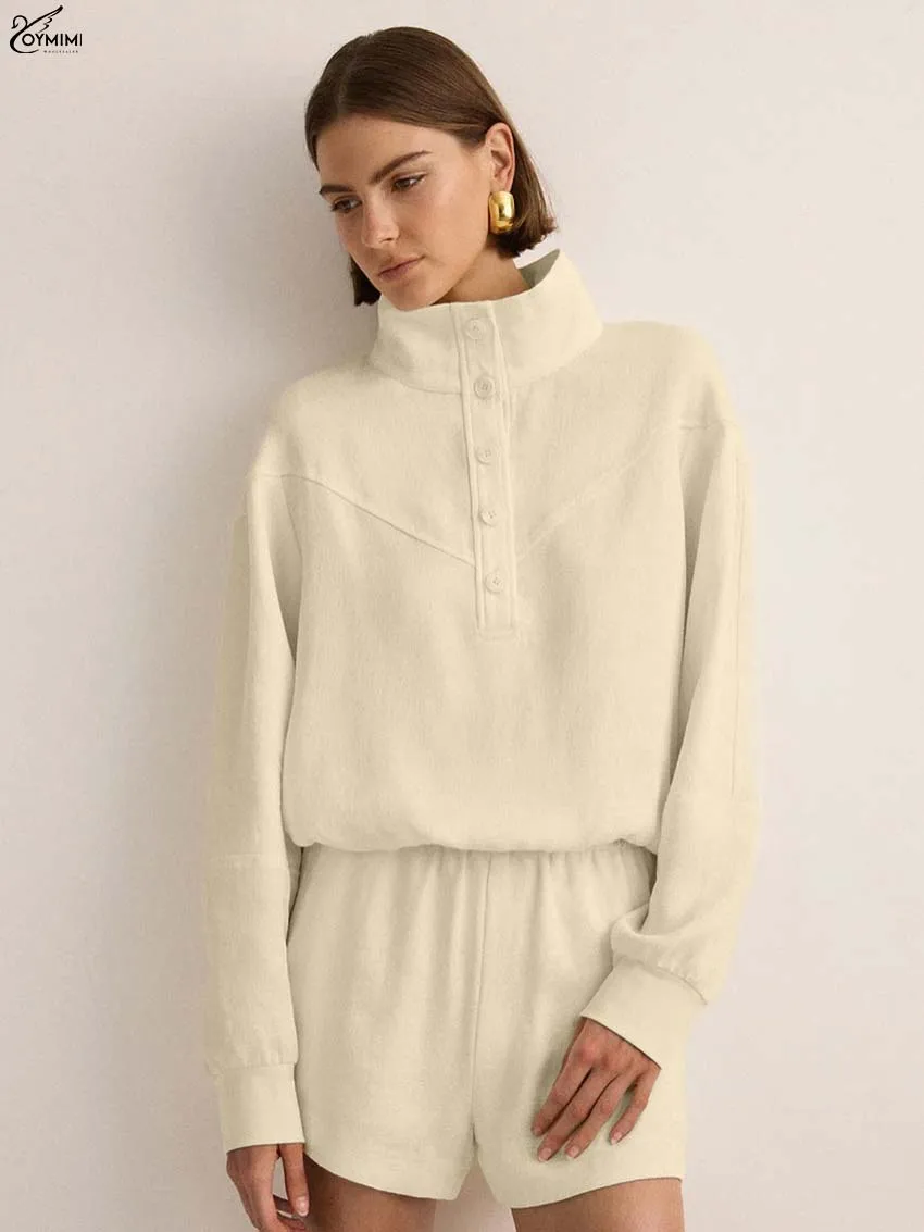 

Oymimi Elegant Beige Cotton Two Piece Outfits Woman Fashion Turtleneck Long Sleeve Button Shirts And Pockets Shorts Female Sets