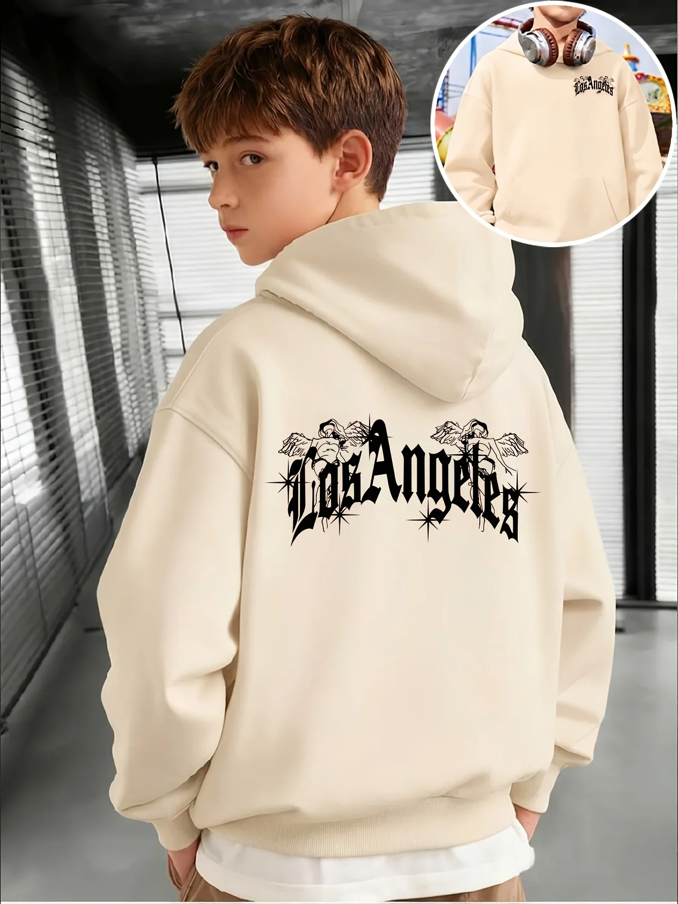 Boys' LOS ANGELES Letter New Print Pattern Autumn/Winter Long-Sleeve Warm Hooded Single-Piece Sweatshirt