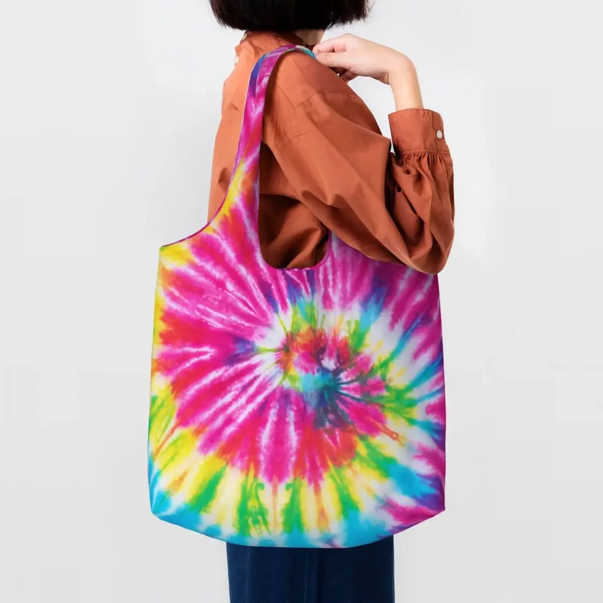 

Custom Very Colorful Tie Dye Canvas Shopping Bag Women Durable Big Capacity Grocery Traditional Dyeing Art Tote Shopper Bags