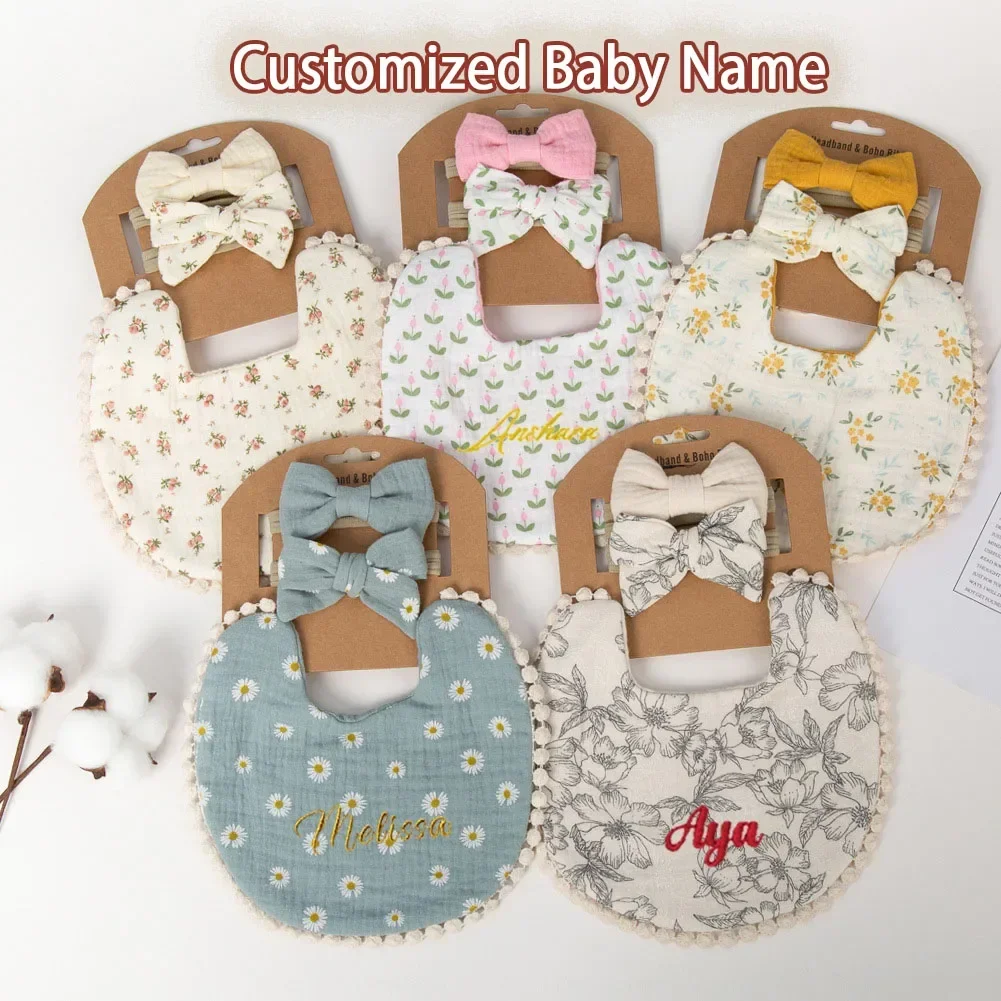 

3Pcs/Set personalized baby bib headband bow Nylon Girl hairband Saliva Towel burp cloths for newborn Kid Headwear Scarf for boy