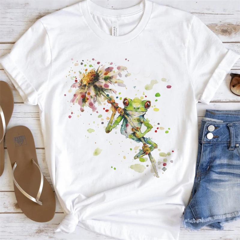 

Women Short Sleeve Printing Watercolor Cute Frog Ladies Flower 90s Fashion Clothes Print Tshirt Female Tee Top Graphic T-shirt