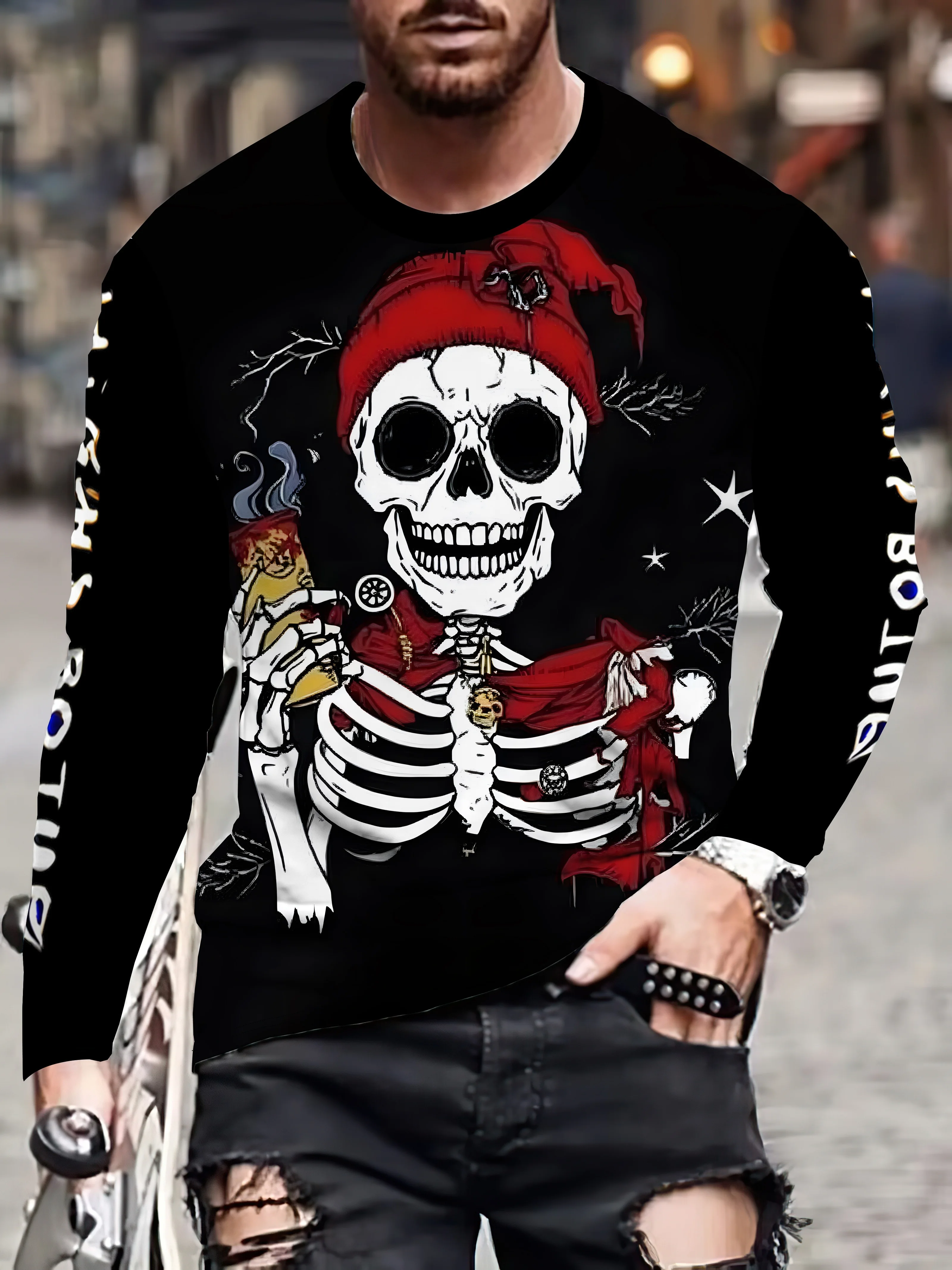 

2025 Fashion Fashion Men's Halloween Skeleton Print Long Sleeve T-shirt Casual Suitable for Spring and Autumn