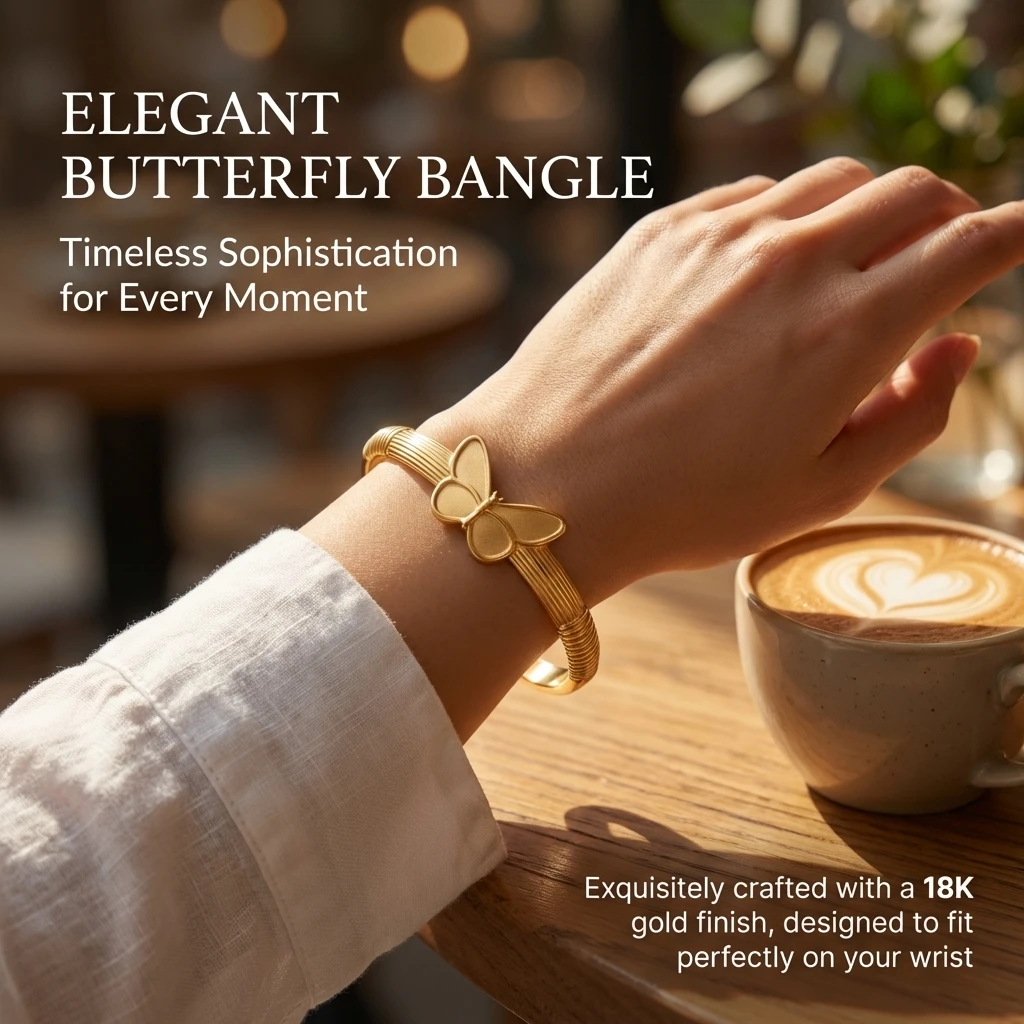 Elegant Gold Color Snap Bracelet, Stainless Steel Butterfly Bangle, Luxe Feel Women's Jewelry (60mm Inner Diameter)