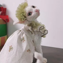 Floral Lace Cotton Dress Hair Band Suit for Sphyinx Cat Summer Green Suspended Princess Skirt For Female Cats Vest for Kittens