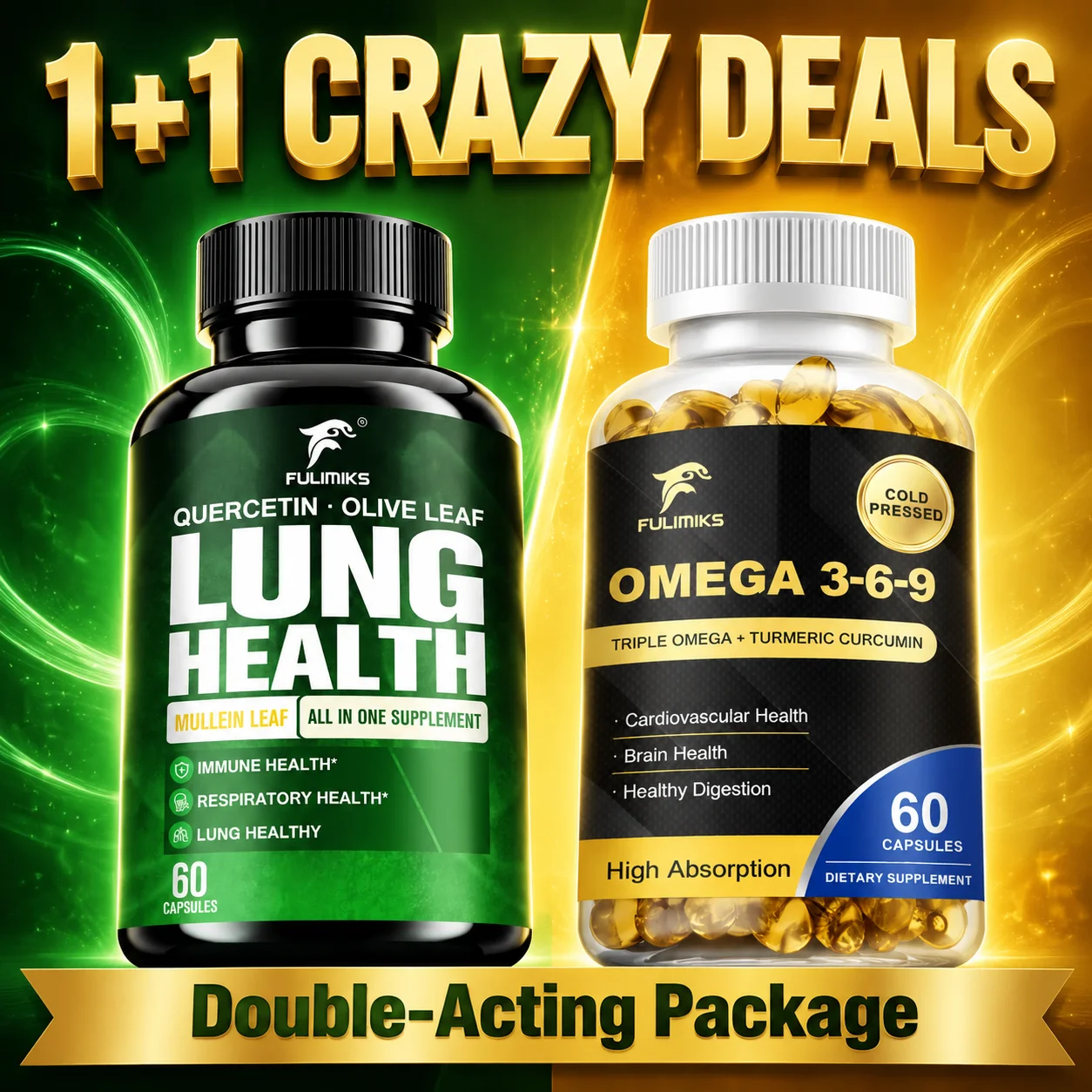 Omega 3-6-9 And Lung Health Supplement Capsules, with Fish Oil, Quercetin, Mullein Leaf, Flaxseed Oil, Olive Leaf, And Bromelain, Digestive, Respiratory, Daily Support, Whole Family Care Gift Pack