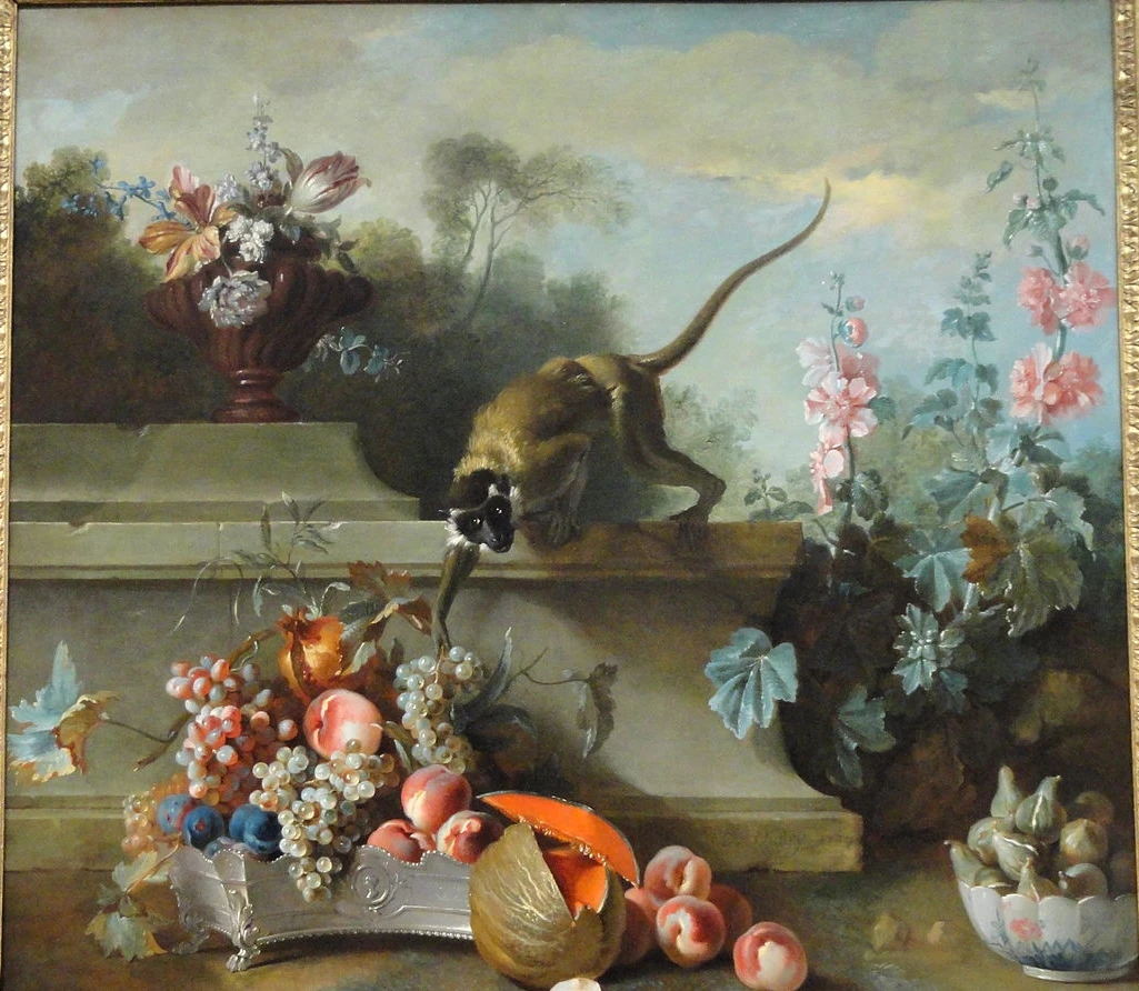100% Hand-Painted Oil Painting on Canvas Monkey Fruit and Flower by Jean-Baptiste Oudry Still Life Reproduction Wall Art