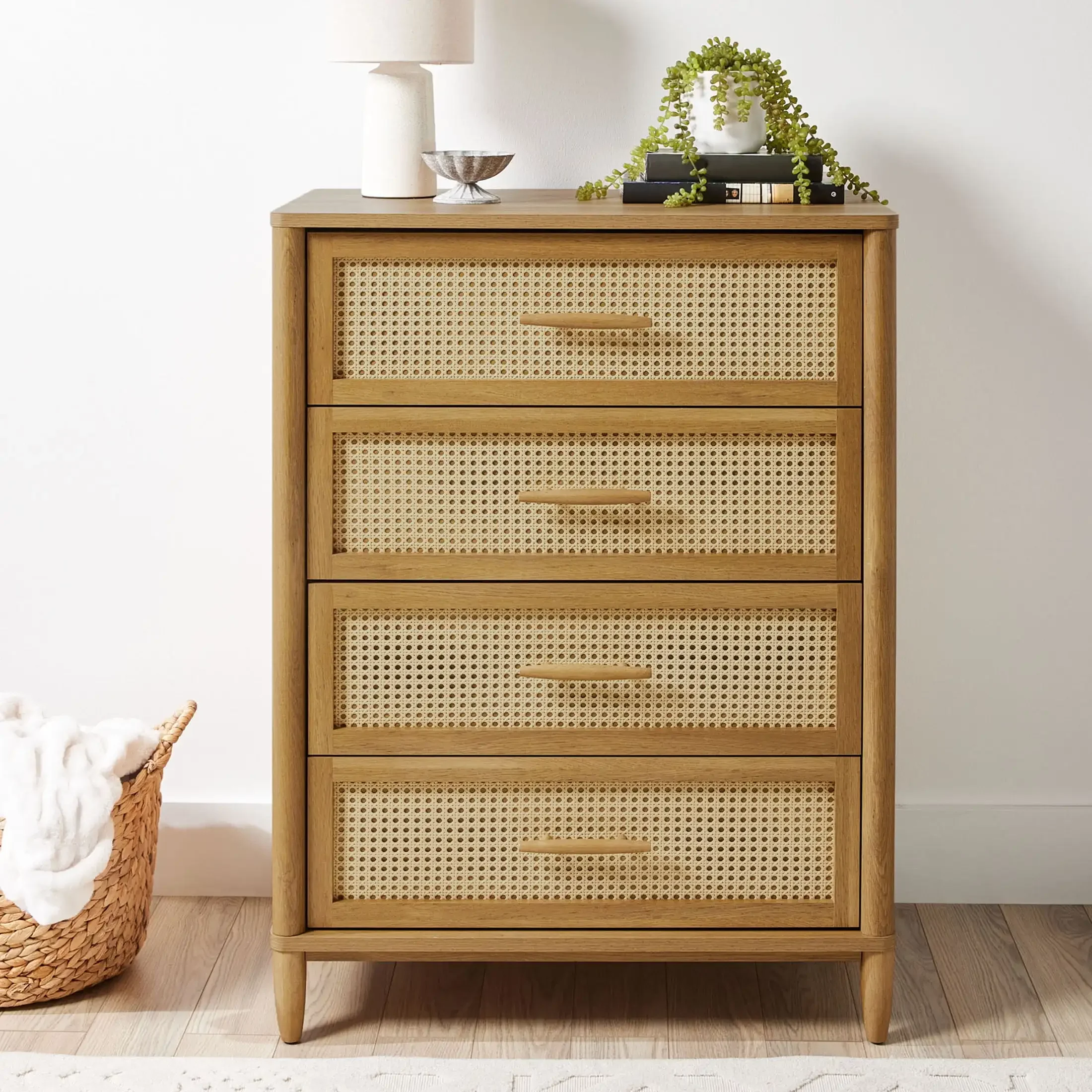 

Springwood Caning 4-Drawer Dresser, Light Honey Finish,Vertical Dresser,Spacious drawers feature metal runners and safety stops