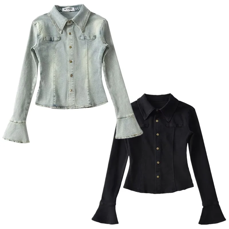 

Лето 2023, женский дизайн, потертый джинсовый эластичный колокольчик, длина, воротник, чистый цвет, детали на пуговицах для поездок на работу