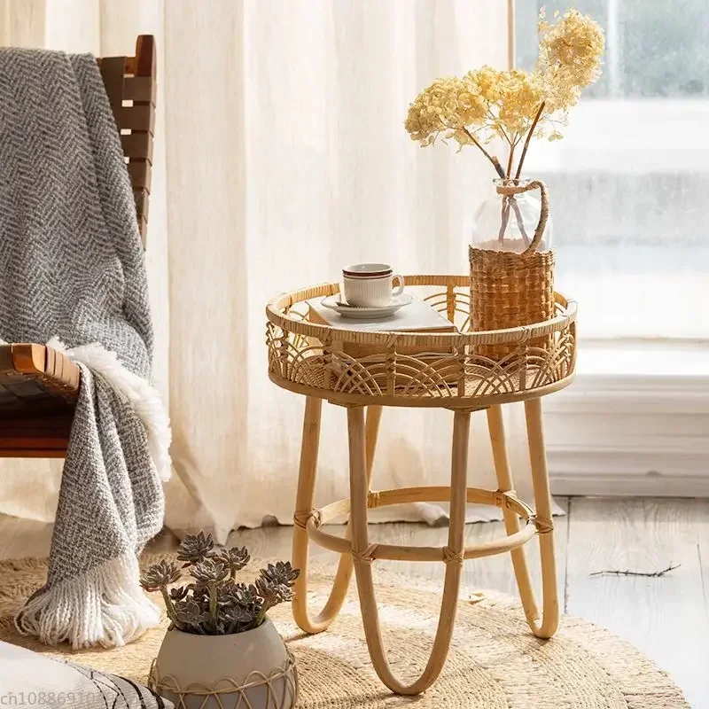 

Hand-woven Rattan Side Table Bed Table Living Room Balcony Bedroom Furniture French Pastoral Style
