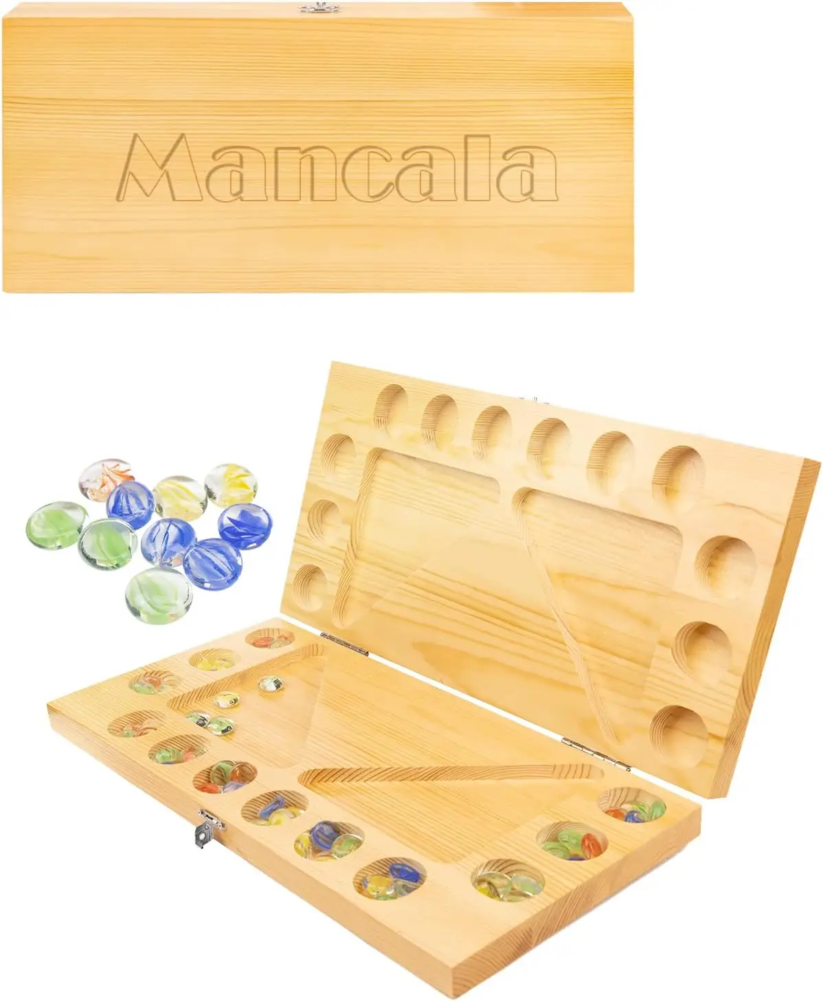 

4-Player Mancala Board Game, Wooden Folding Board with Colorful Glass Stones & Instructions
