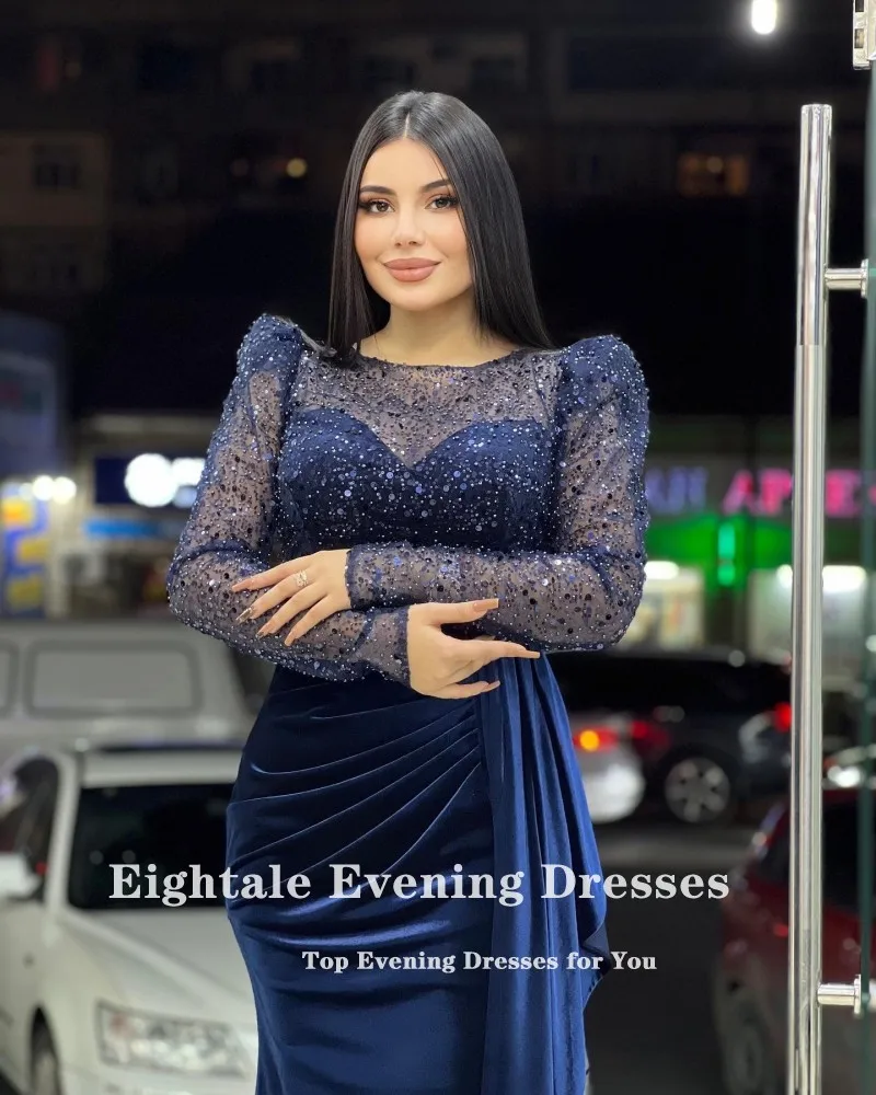 Eightale Luxury Evening Dress Saudi Arabic Long Sleeves Velvet Sequin Formal Mermaid Wedding Prom Gown Hochzeits Kleid