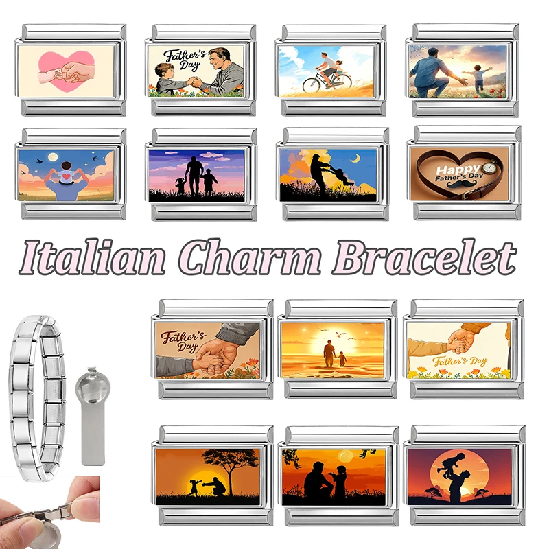 Y2K Sweet Love Heart Moon Sunset Dolphin Cat Italian Charm Links Fit 9MM Stainless Steel Bracelet DIY Making Father's Day Gift
