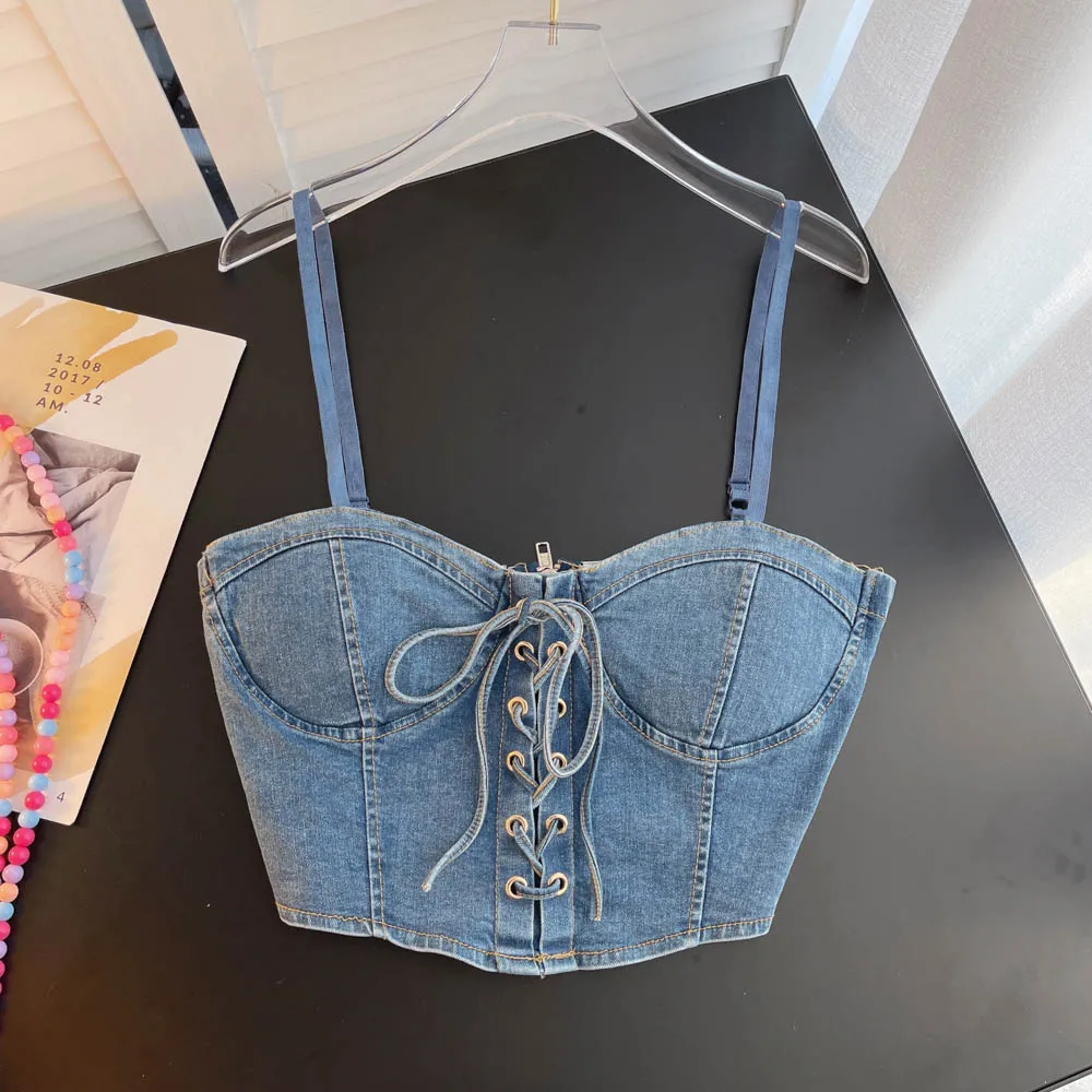 

Sexy Strap Design ort Denim Crop Top Women's Outerwear Faion Trend Bal Commute Pure Color Summer Other Material