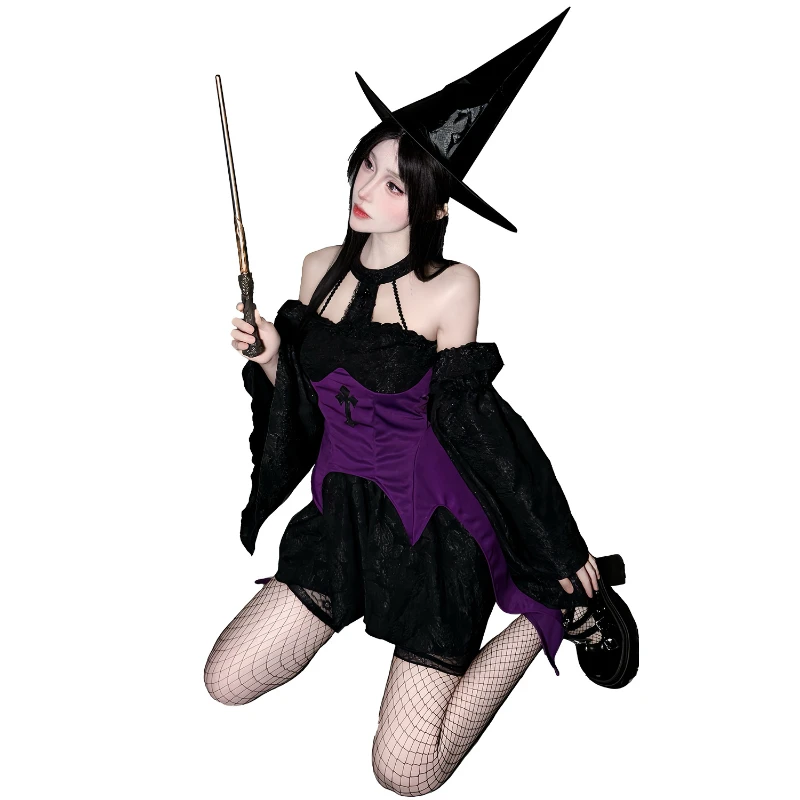 

New Gothic Witch Battle Robe Dark Spellcaster Costume with Cross Choker Sexy Sorceress Dress for Halloween Game Theme Cosplay