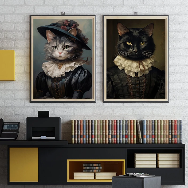 Vintage Renaissance Cat Portrait Black Cat Victorian Gothic Poster Canvas Painting Wall Art for Living Room Home Decor Frameless