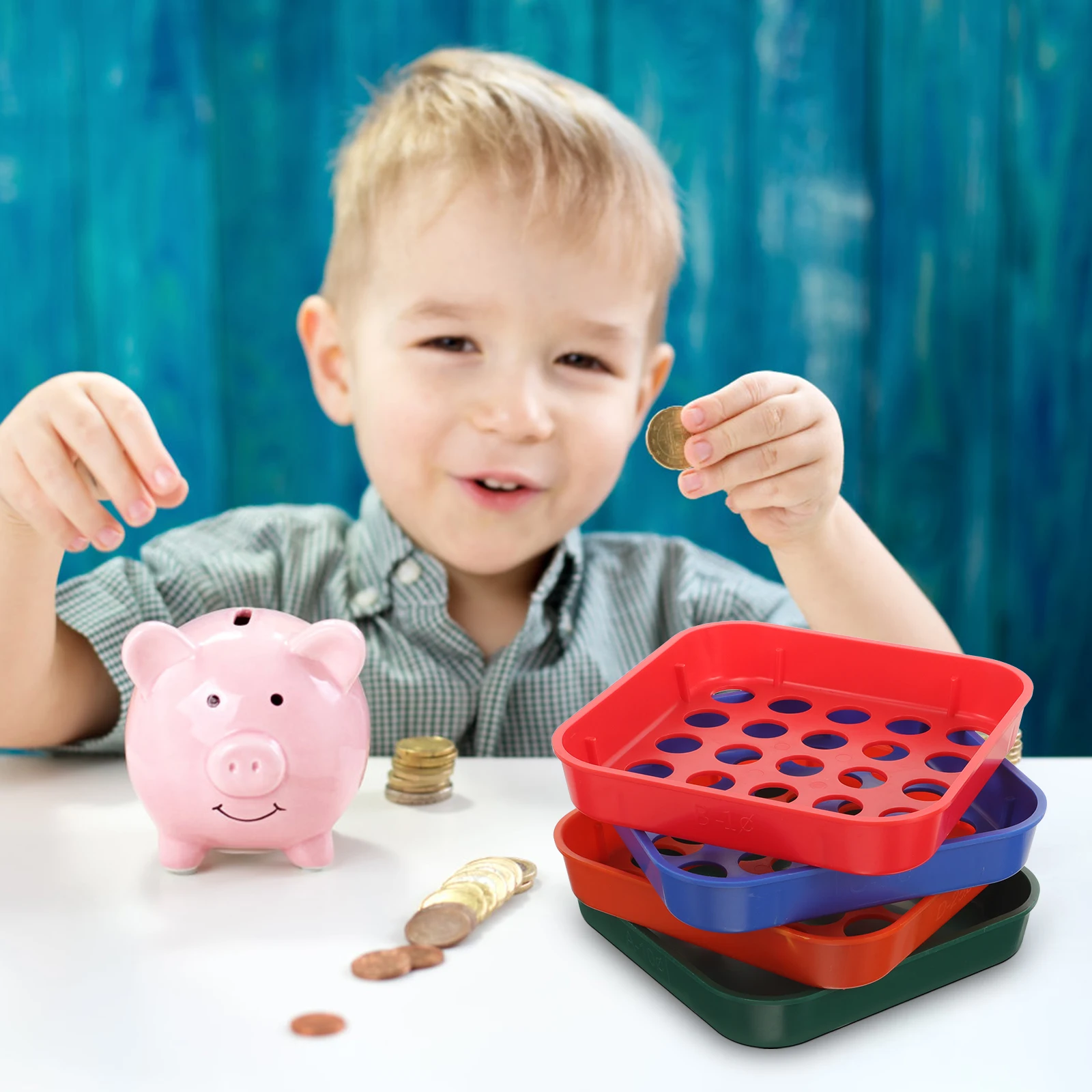 

4pcs Coin Sorting Tray Stackable Plastic Coin Sorter Tool Color-Coded Trays for Pennies Nickels Dimes Quarters Banking Retail