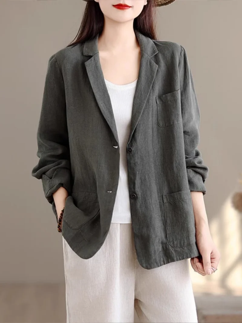 Linen Suit Jacket Woman In Spring And Autumn 2025 New Korean Version Large Size Loose And Thin Casual Long Sleeved Blazer w672