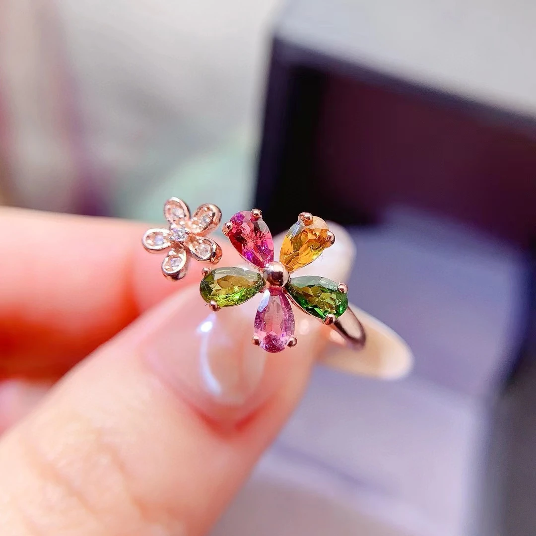 Cute 925 Silver Flower Ring 3mm*5mm Total 1ct Multicolor Natural Tourmaline Ring with 18K Gold Plated