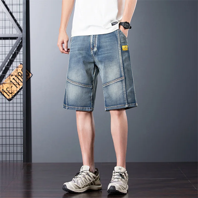 Summer Lightweight Patchwork Loose Straight Denim Shorts Men's 5-Pocket Plus Size Casual Versatile