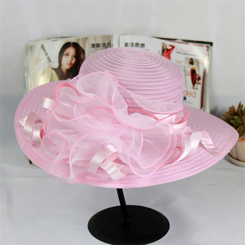 Kentucky Derby Floral Big Brim Hat Women's Organza Wedding Headwear Hat Elegant Foldable SunHat Beach with Beaded Festival hat