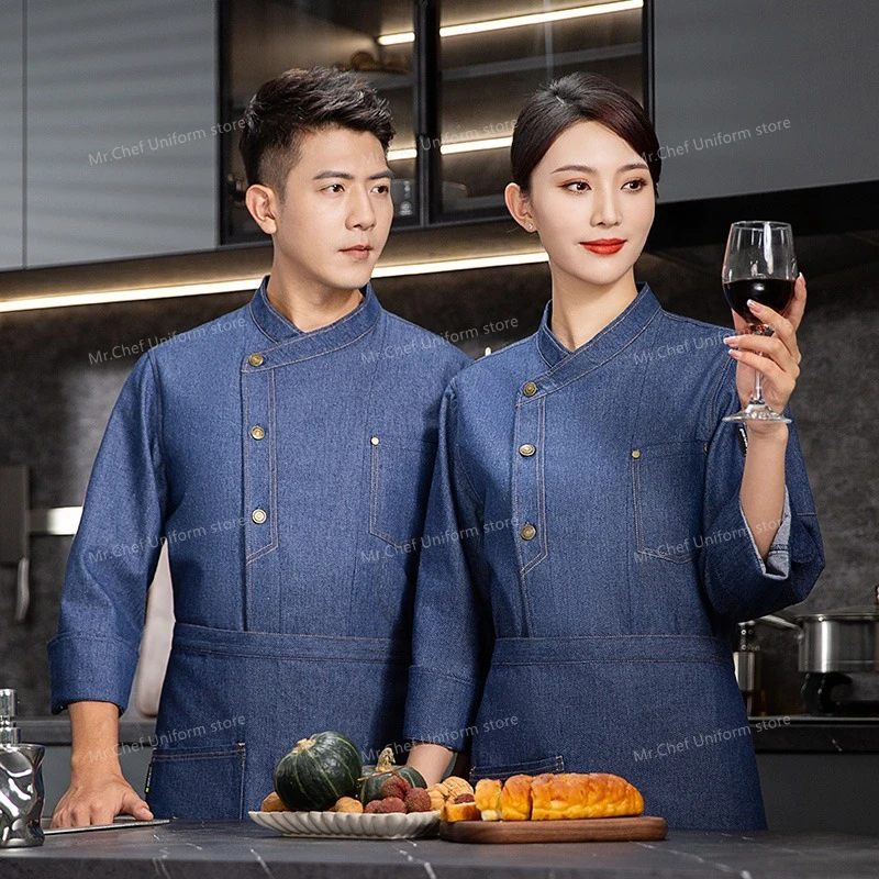 เสื้อเชฟฤดูหนาว เสื้อยืดเชฟแขนยาว ชุดยูนิฟอร์มเชฟ เสื้อโค้ทเชฟชาย ชุดยูนิฟอร์มร้านอาหาร เสื้อพนักงานเสิร์ฟโรงแรม รับสกรีนโลโก้