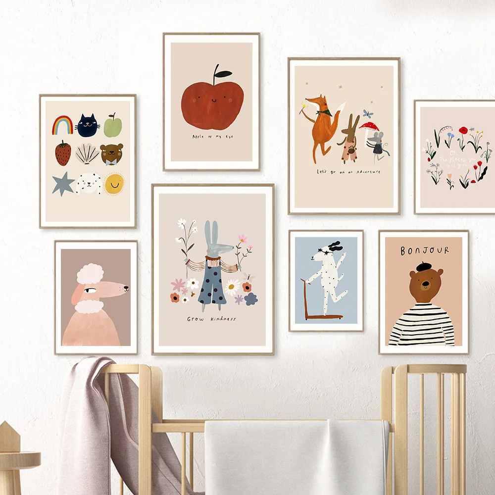 Dog Goose Rabbit Bear Wildflower Cartoon Posters Fruit Apple Pear Wall Art Canvas Painting Prints Pictures Baby Kids Room Decor