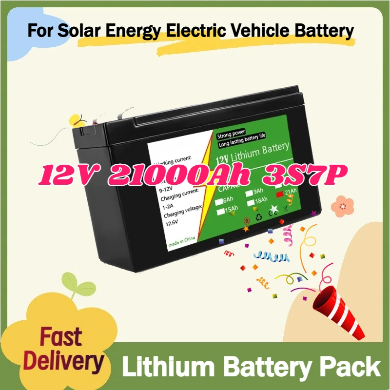 

12V 21000Ah 3S7P Battery Pack Rechargeable 18650 Lithium Battery for Solar Energy Electric Vehicle Battery + 12.6V 3A Charger