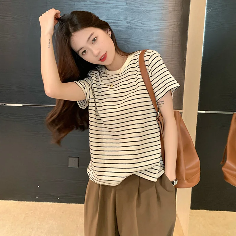 Summer  Women Vintage Striped T-shirts  Short-sleeve Fashion Loose Lazy All-match Chic French Style Literary Female Temperament