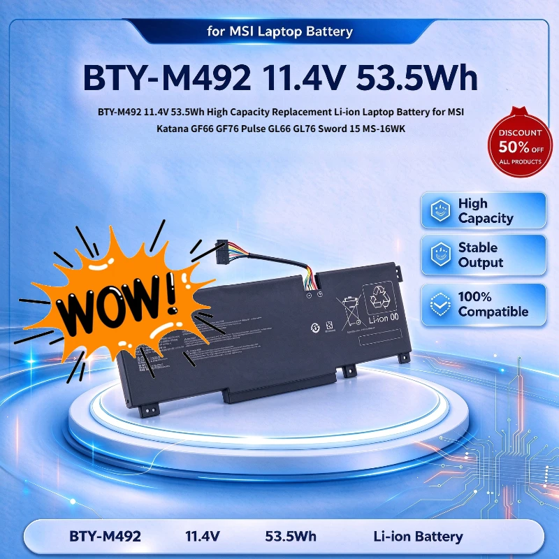 BTY-M492 11.4V 53.5Wh High Capacity Replacement Li-ion Laptop Battery for MSI Katana GF66 GF76 Pulse GL66 GL76 Sword 15 MS-16WK