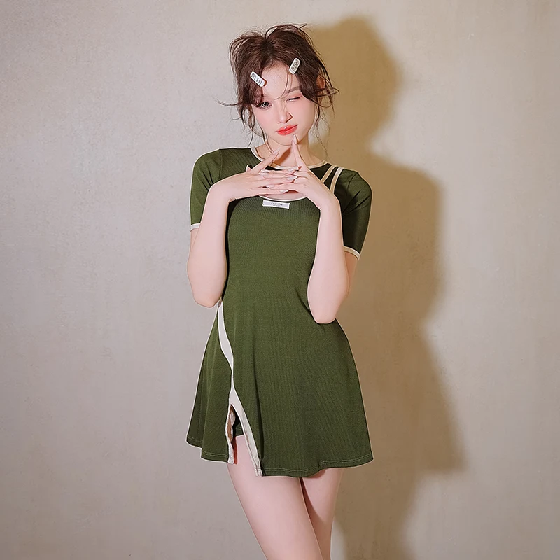 One Piece Swimsuit Women Sexy Cut Out Solid Green Swimwear Skirt Monokini Push Up Wrap Trikini High Cut Irregular Bathing Suit