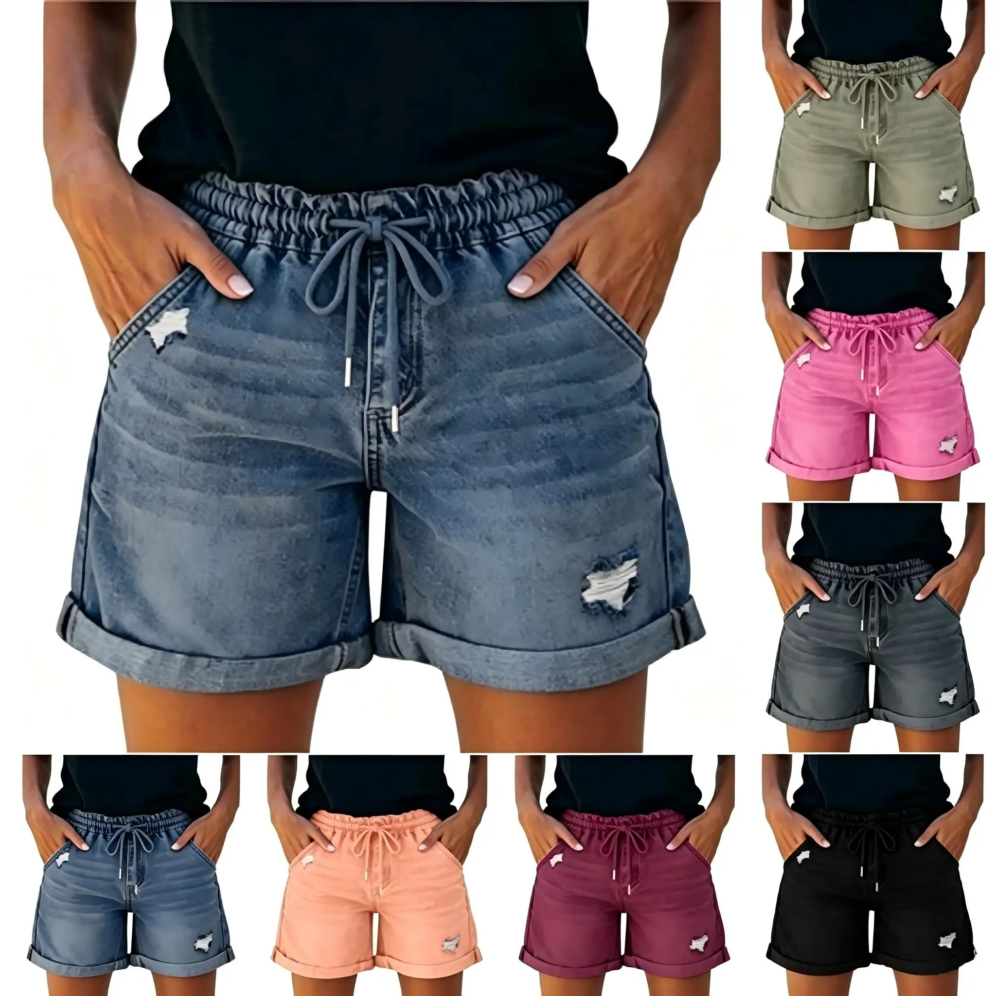 Women Summer Denim Shorts Drawstring Waist Ripped Hole Straight Short Pants Ladies Casual Shorts