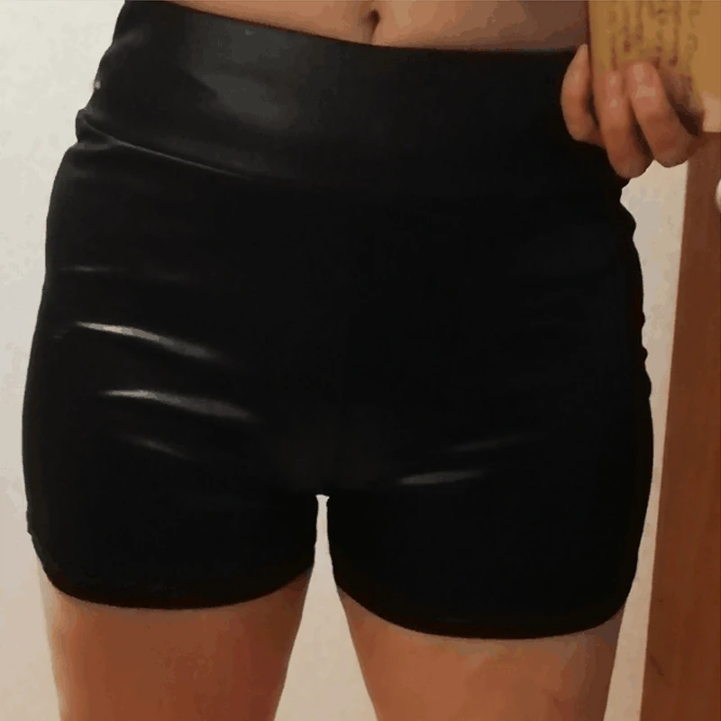 Cintura alta elástica feminina brilhante falso PU shorts de couro, mini shorts sexy, calças finas, dance clubwear, calças quentes, 2023