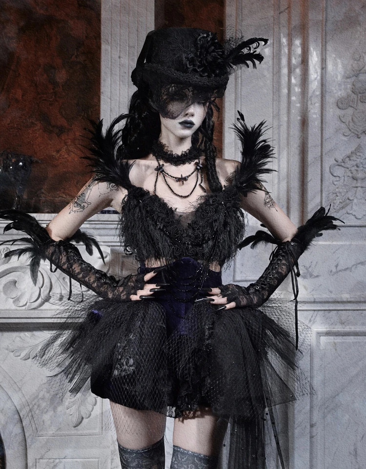 Mini robe d'halloween pour femmes, gothique, cour foncée, queue de plumes françaises, ensemble short en velours, robes de princesse Lolita