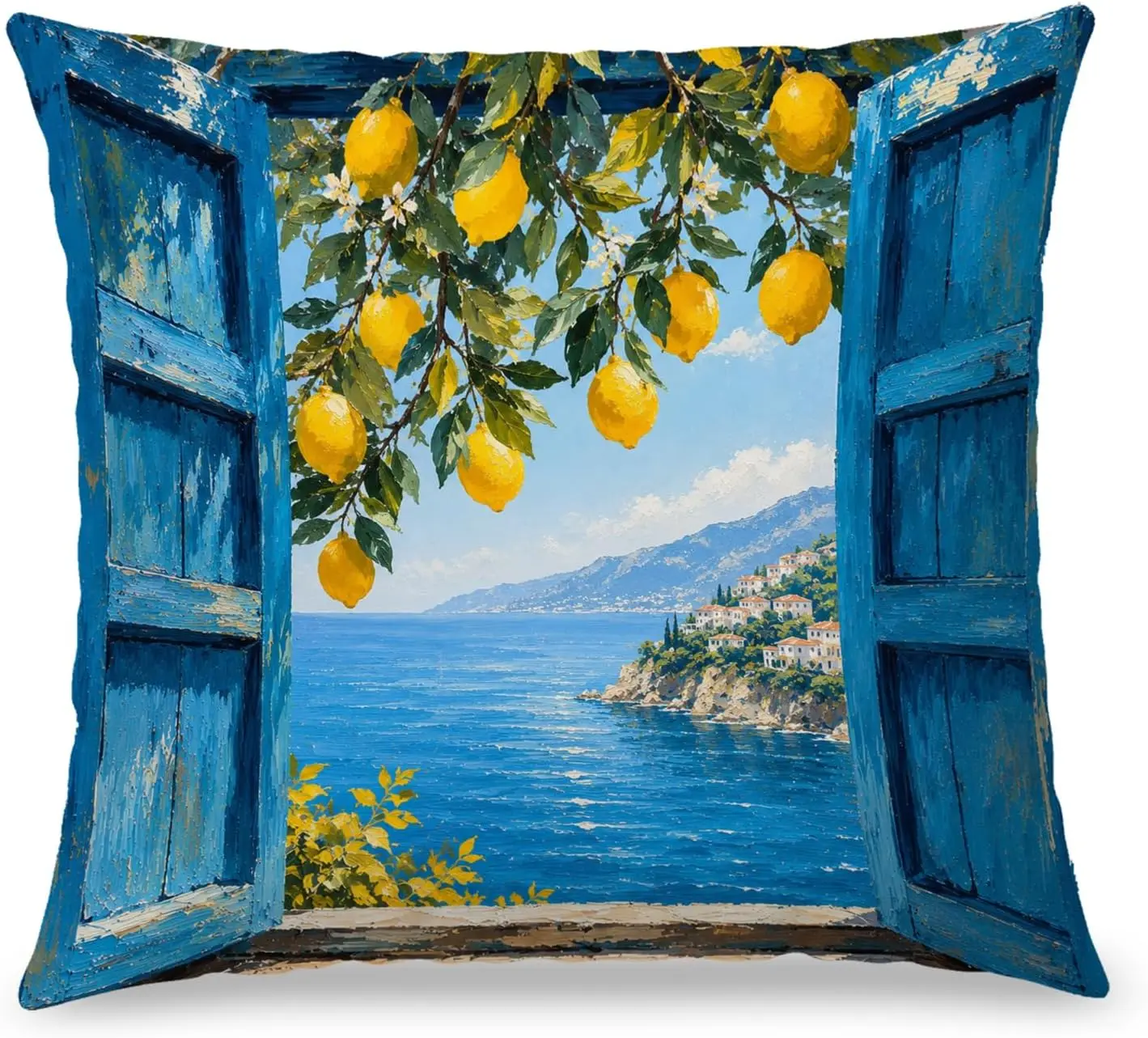 Vibrant Mediterranean Lemon Pillar Cushion Cover Blue Open Doors Coastal Sea View Summer Home Decor Throw Pillow Case Art Print
