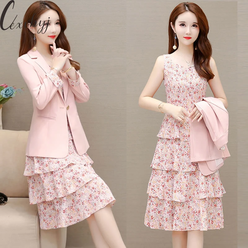 

Korean Chiffon Dress Suits Women Formal Long Sleeve Blazer+Riund Neck Cake Dress Two Peice Sets Plus Size Dress Outfits L-4XL