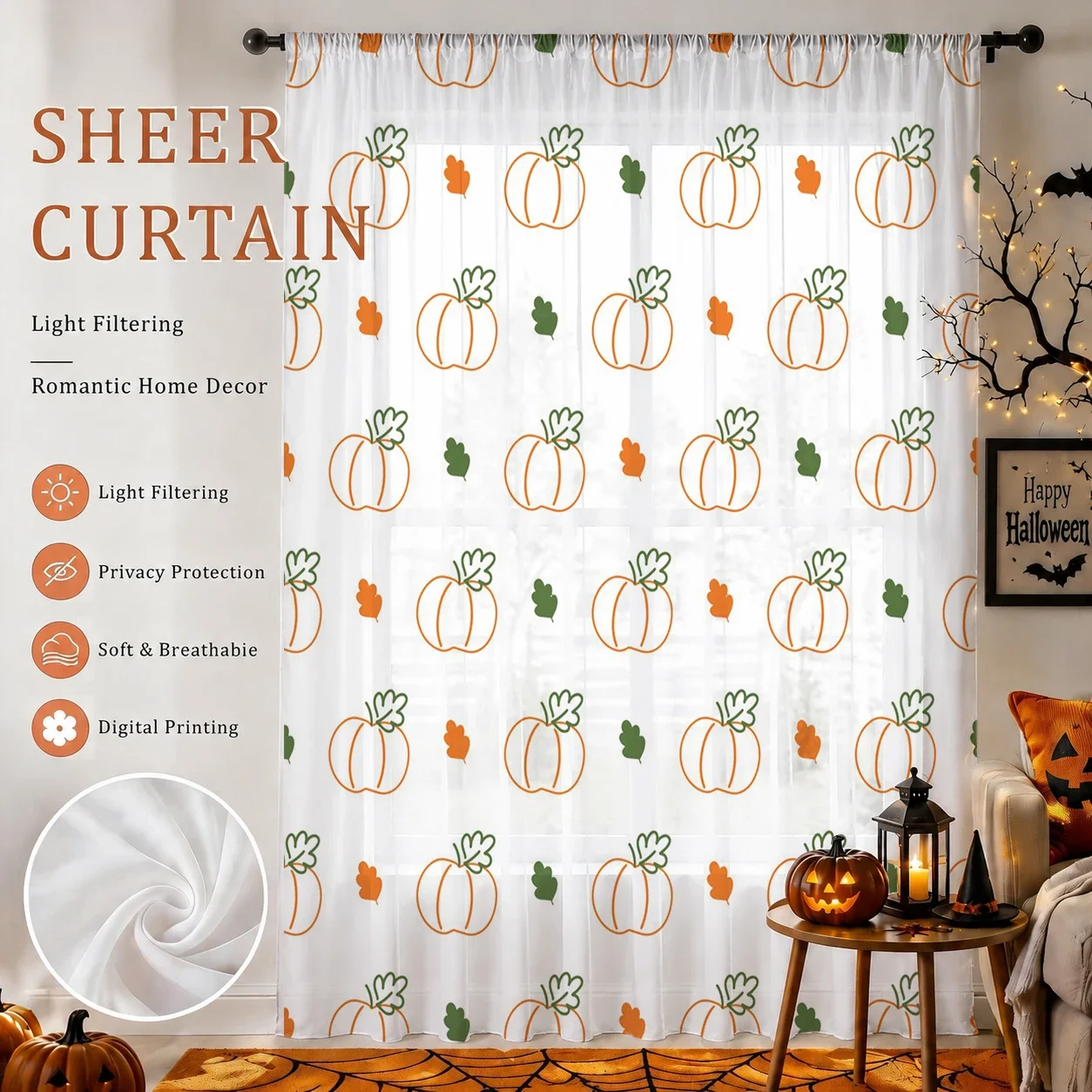 Rod Pocket Halloween Gradient Sheer Voile Curtain Privacy Light Filtering Window Drape for Living Bedroom Kids Room Decor