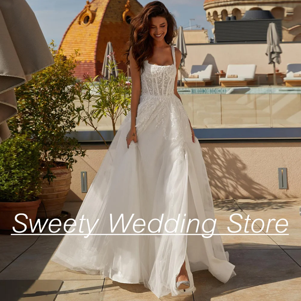 Wedding Dress 2025 Sexy Square Neck Sleeveless Illusion Corset Bridal Gown Sweep Train Split Bride Dresses Backless Robe Mariee