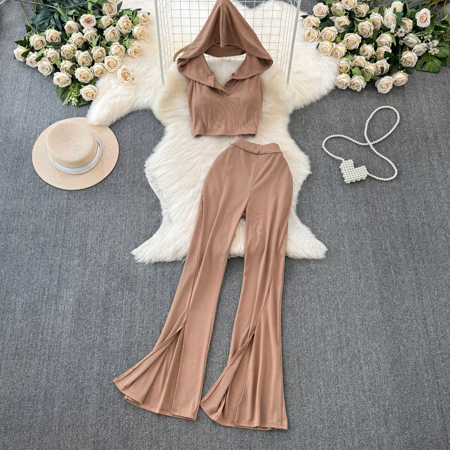 

Women's Sexy Short Sleeved Hooded Short Top+high Waisted Slit Micro Flared Long Pants Fashion Set