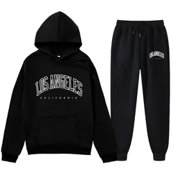 2024 New LOS Los Angeles Letter Printed Same Color And Pants Set For Men's Autumn/Winter With Velvet Hoodie