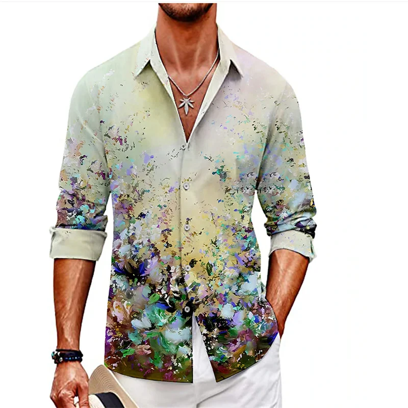 2024  Fashion Luxury Social Men's Shirt Lapel Button Shirt New Casual Feather Printing Long Sleeve Shirt Cardigan for Men's Ball