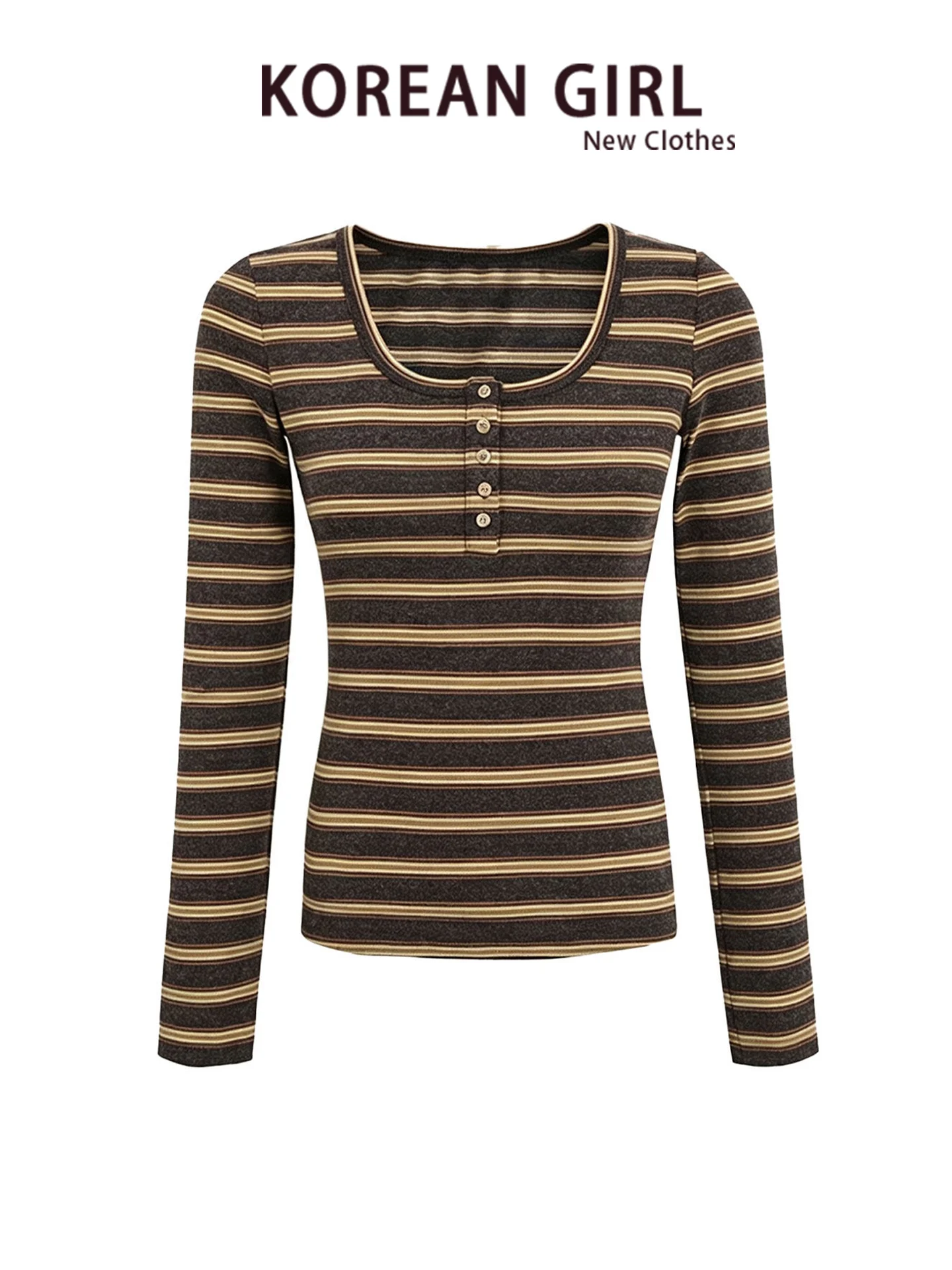 Korean Style Women's Long Sleeve Knitted Base Shirt Autumn 2026 New Fashion Commute Slim Fit Striped Top Not Repeating Pattern