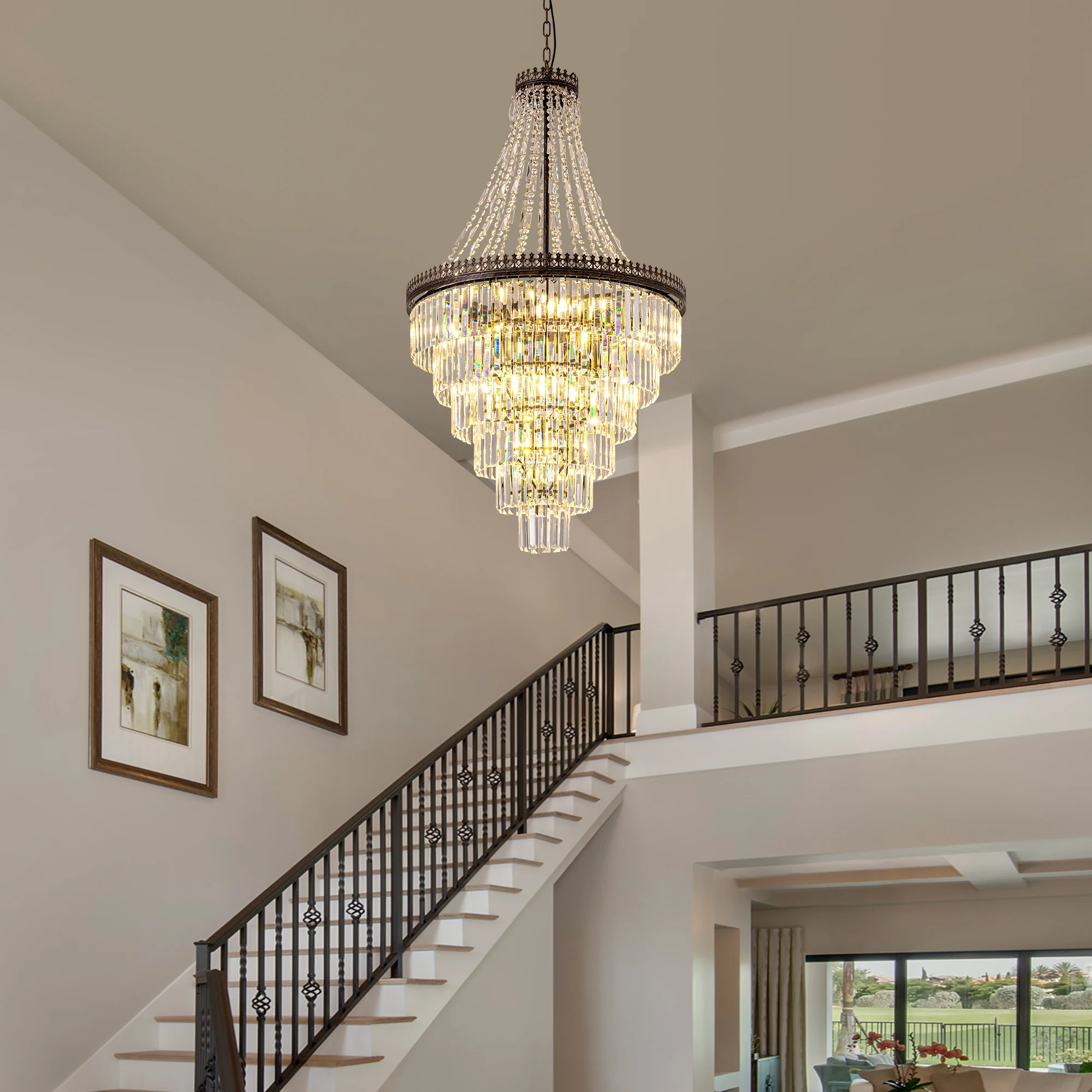 دوبلكس بناء كريستال ثريا كبيرة فيلا غرفة المعيشة ضوء فاخر طويل كريستال دوامة الدرج ثريا تركب بالسقف بريق #2