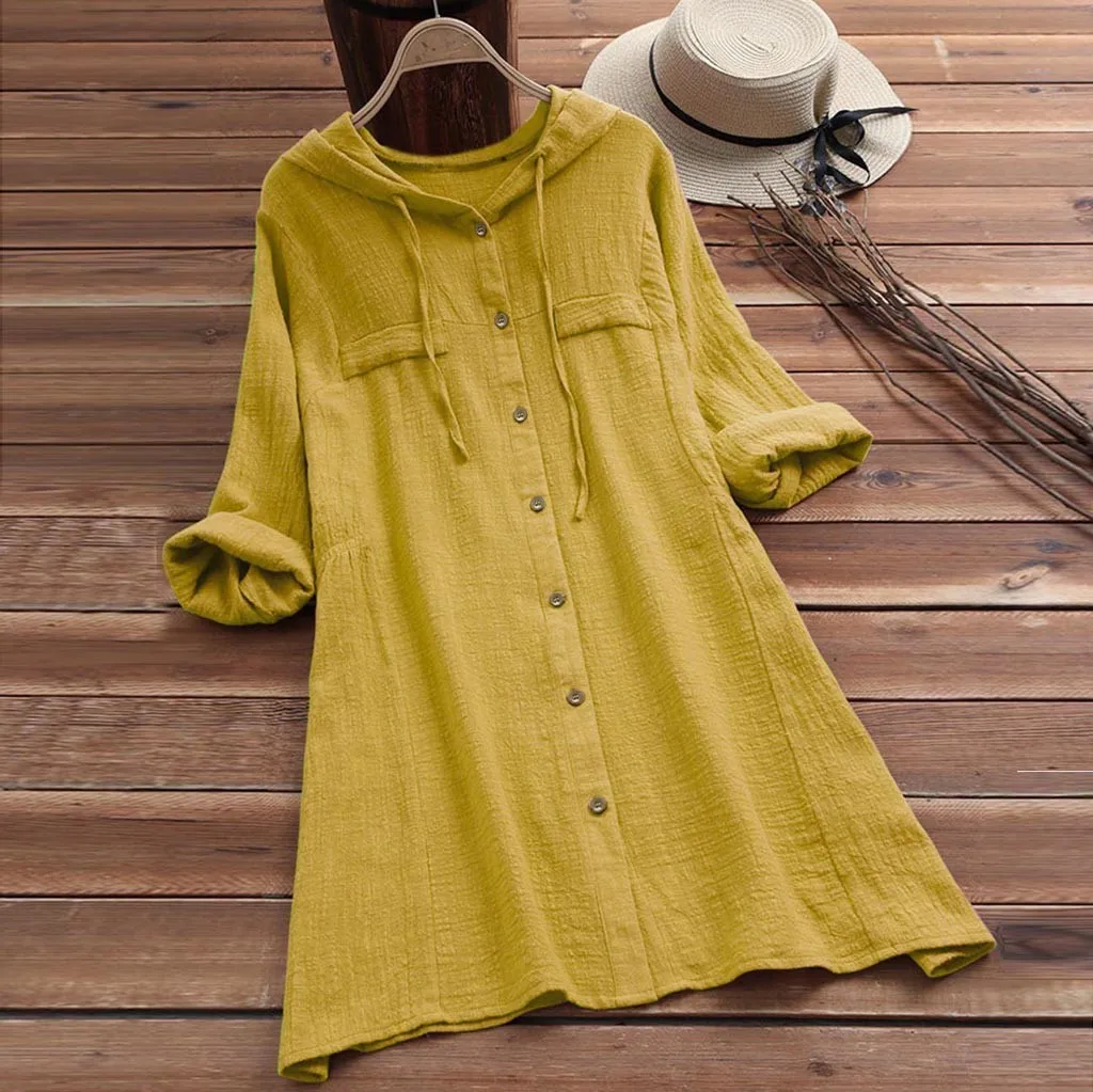 Women Blouses Vintage Cotton Linen Button Shirts Summer Long Sleeve Casual Hooded Tops And Blouses Plus Size Shirts Tunic Top