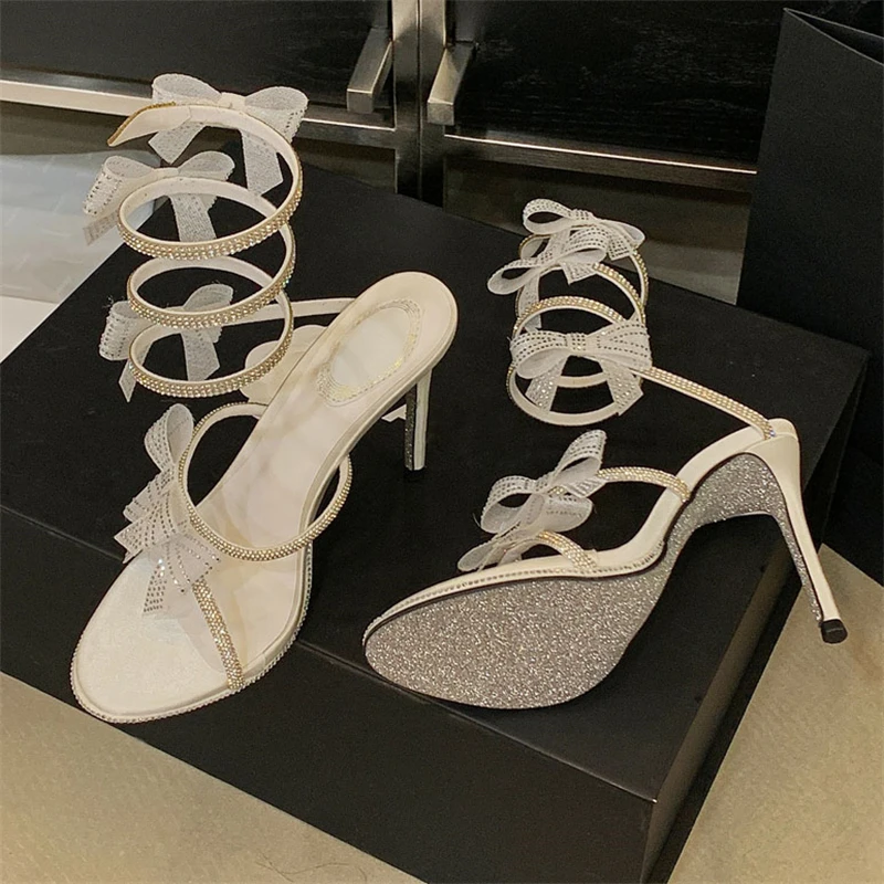 Aneikeh Elegant Pink Wedding Shoes CRYSTAL Bow High Heels Sandals Woman Summer Ankle Strap Thin High Heels Open Toed Party Shoes view 5
