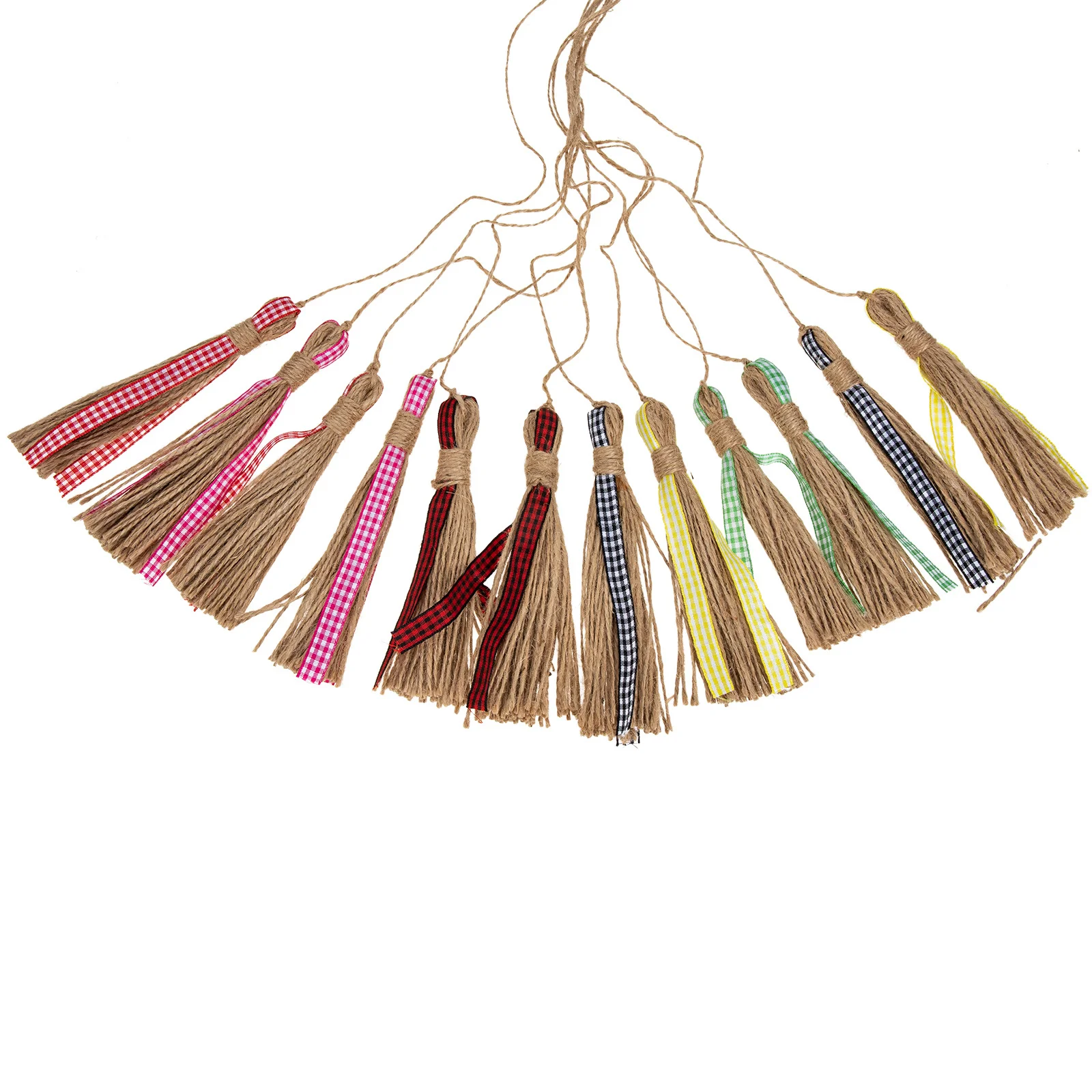 12Pcs Rumbai Jute Alami Rustic, Tali Rami Liontin DIY, Manik-Manik Kayu untuk Kerajinan, Rumbai Tali DIY, Manik-Manik Kayu Rumbai