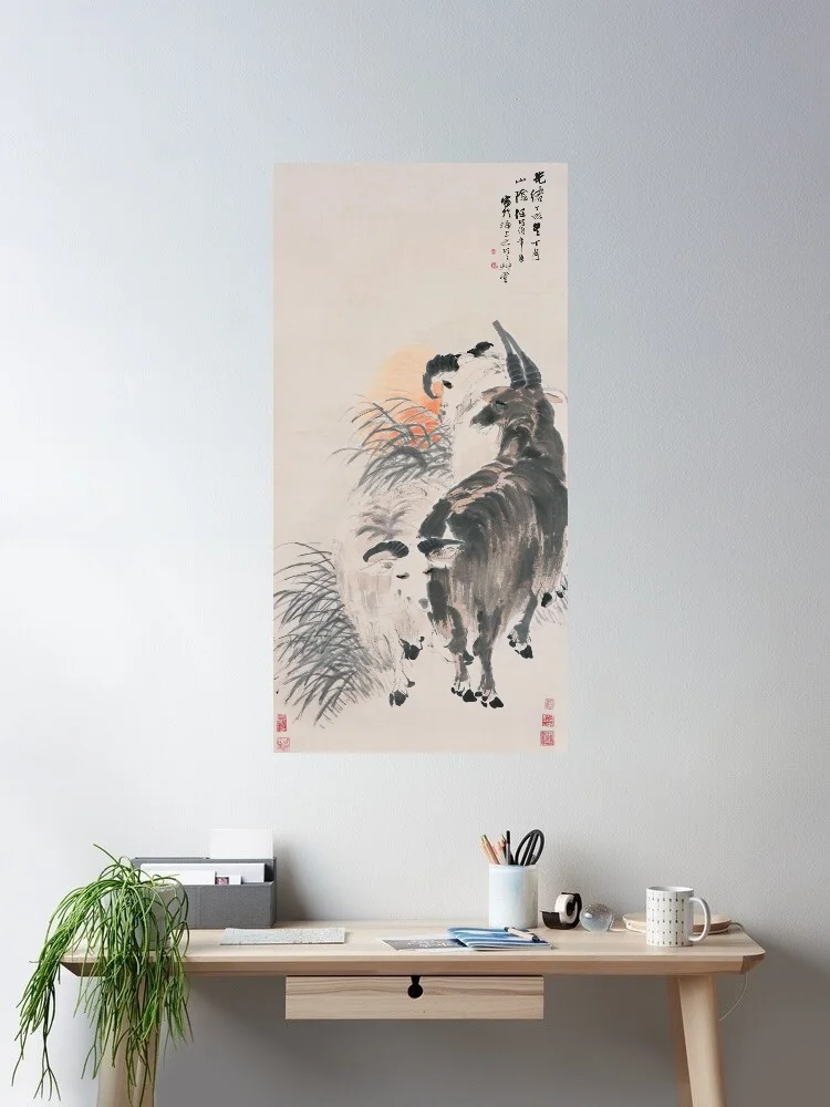 Three Rams Bringing Bliss a landscape scenery, Print Art Canvas Poster, For Living Room Decor, Home Wall Picture