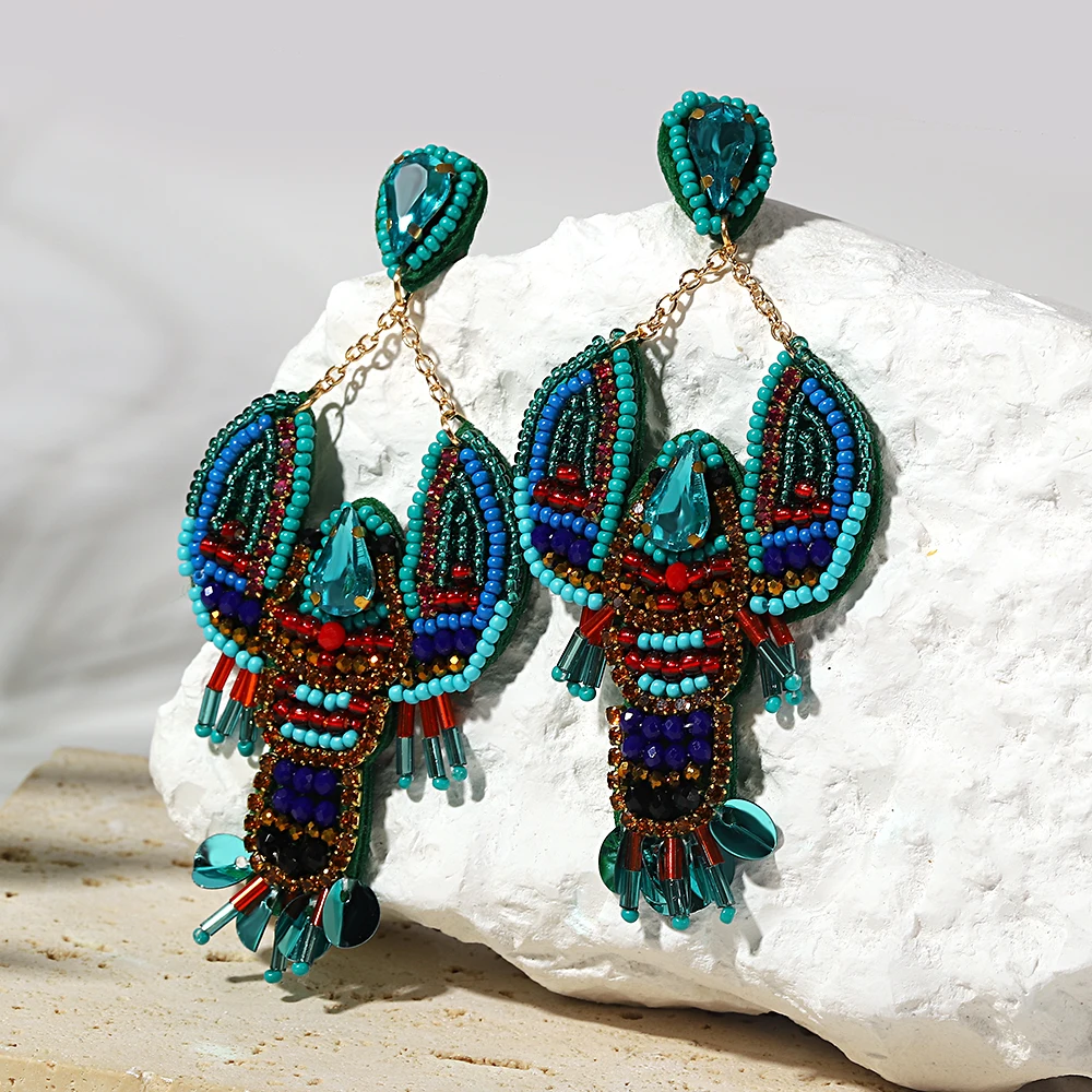 AENSOA Bohemian Blue Rhinestone Seed Beaded Lobster Shaped Drop Earrings for Women Ocean Animal Earrings Vacation Jewelry Gifts