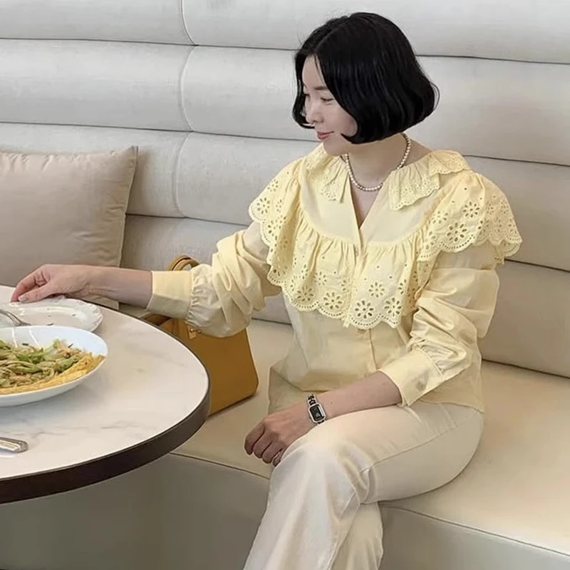 قميص نسائي أنيق بنمط كوري للربيع بأكمام طويلة وياقة دانتيل فضفاضة مع نمط زهور مفرغ وتصميم عصري للعمل