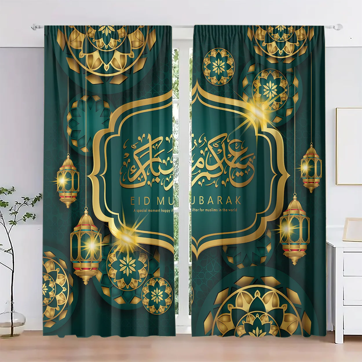 Festive Eid Mubarak Islamic Curtain Pair Islamic Calligraphy Window Curtains Green Gold Muslim Home Decor Luxury Window Dressing
